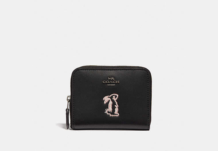 COACH®,SELENA SMALL ZIP AROUND WALLET WITH BUNNY,Leather,Gunmetal/Black,Front View