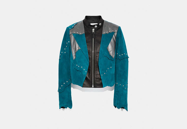 COACH®,PIECED SUEDE RACER BLAZER,Suede,Deep Turquoise,Front View