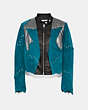 COACH®,PIECED SUEDE RACER BLAZER,Suede,Deep Turquoise,Front View