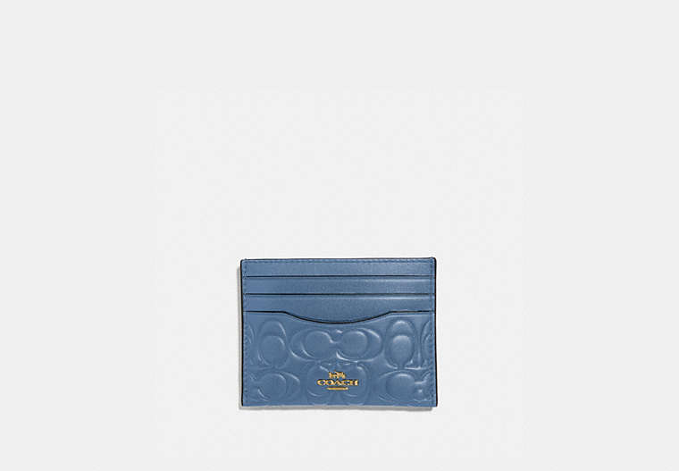COACH®,CARD CASE IN SIGNATURE LEATHER,Leather,GD/Stone Blue,Front View