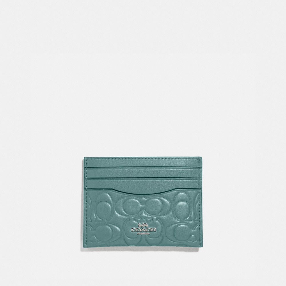 COACH®,CARD CASE IN SIGNATURE LEATHER,Leather,Silver/Sage,Front View