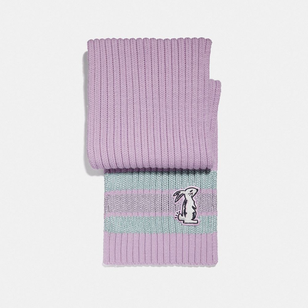 COACH®,SELENA KNIT SCARF WITH BUNNY,wool,LILAC,Front View