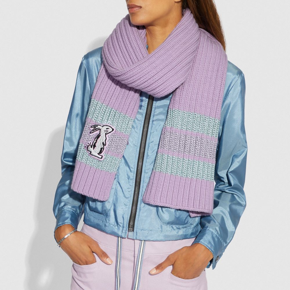 COACH®,SELENA KNIT SCARF WITH BUNNY,wool,LILAC,Angle View