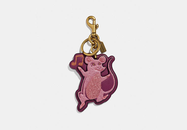COACH®,PARTY MOUSE BAG CHARM,Leather,Brass/Dark Berry,Front View