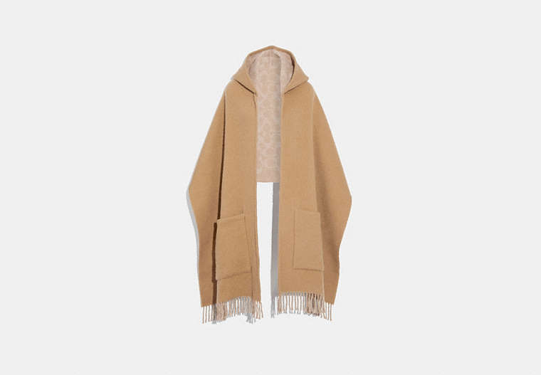 COACH®,OVERSIZED SIGNATURE MUFFLER WITH HOOD,Wool Blend,Camel,Front View