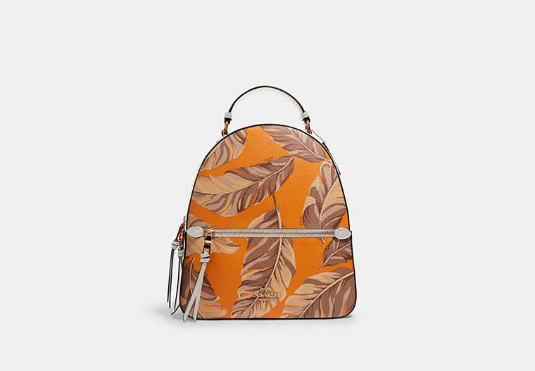 COACH®,JORDYN BACKPACK WITH BANANA LEAVES PRINT,pvc,Gold/Redwood Sunbeam Multi,Front View