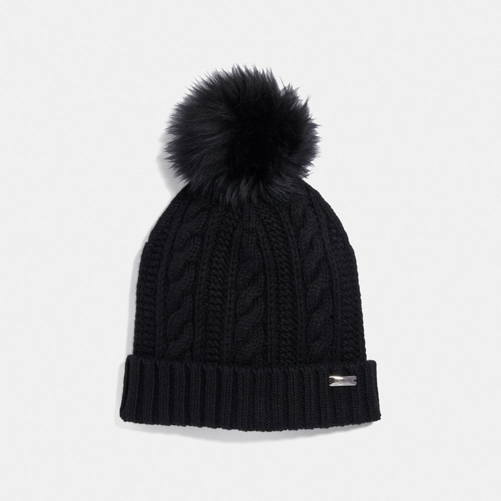 Knit Hat With Shearling Pom Pom
