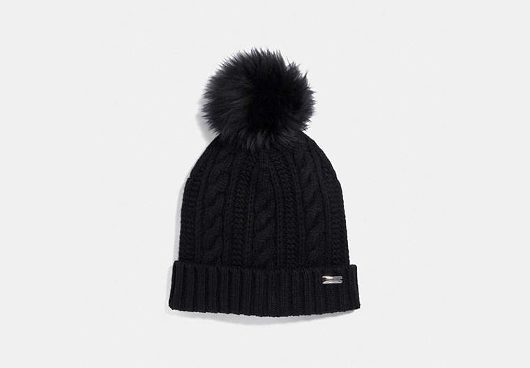 COACH®,KNIT HAT WITH SHEARLING POM POM,wool,Black,Front View