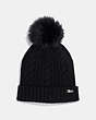 COACH®,KNIT HAT WITH SHEARLING POM POM,wool,Black,Front View