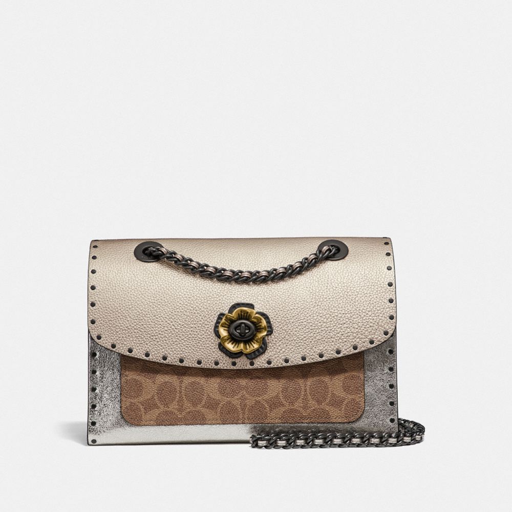 COACH®,PARKER IN SIGNATURE CANVAS WITH RIVETS AND SNAKESKIN DETAIL,Leather,Medium,Tan/Platinum/Pewter,Front View