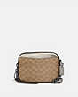 COACH®,CAMERA BAG IN SIGNATURE CANVAS WITH RIVETS AND SNAKESKIN DETAIL,Coated Canvas,Small,Tan/Platinum/Pewter,Front View