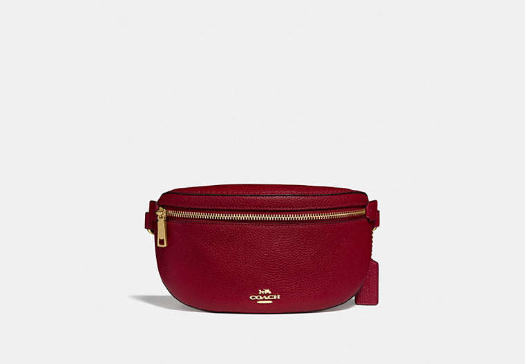 COACH®,BELT BAG,Leather,Mini,Gold/Deep Red,Front View image number 0