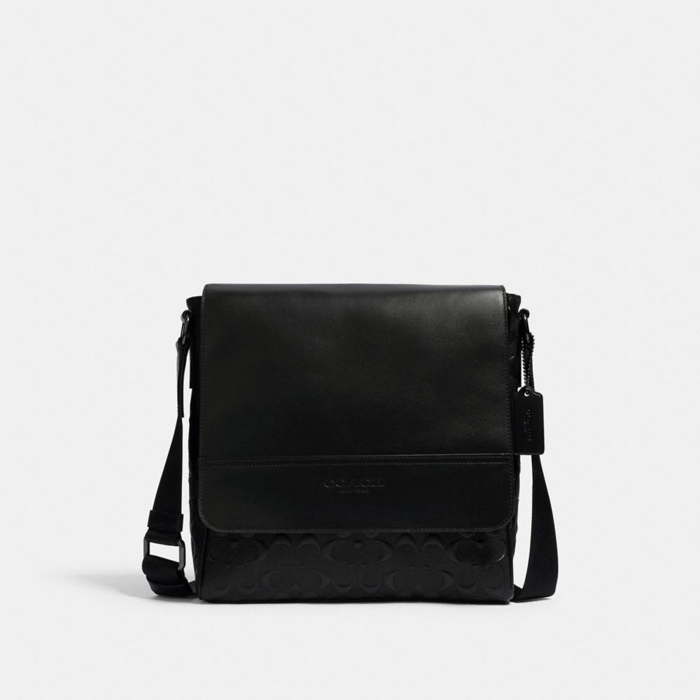 COACH®,HOUSTON MAP BAG IN SIGNATURE LEATHER,Smooth Leather,Medium,Gunmetal/Black,Front View