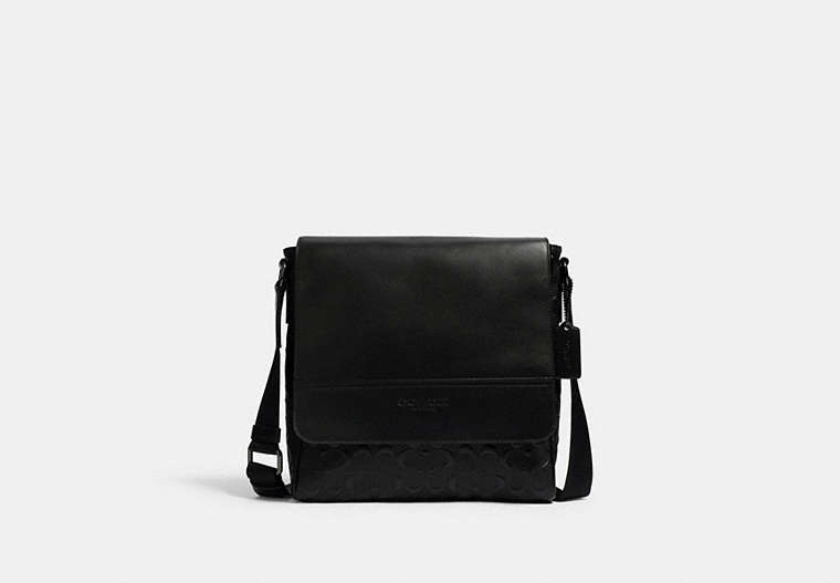 COACH®,HOUSTON MAP BAG IN SIGNATURE LEATHER,Leather,Medium,Gunmetal/Black,Front View