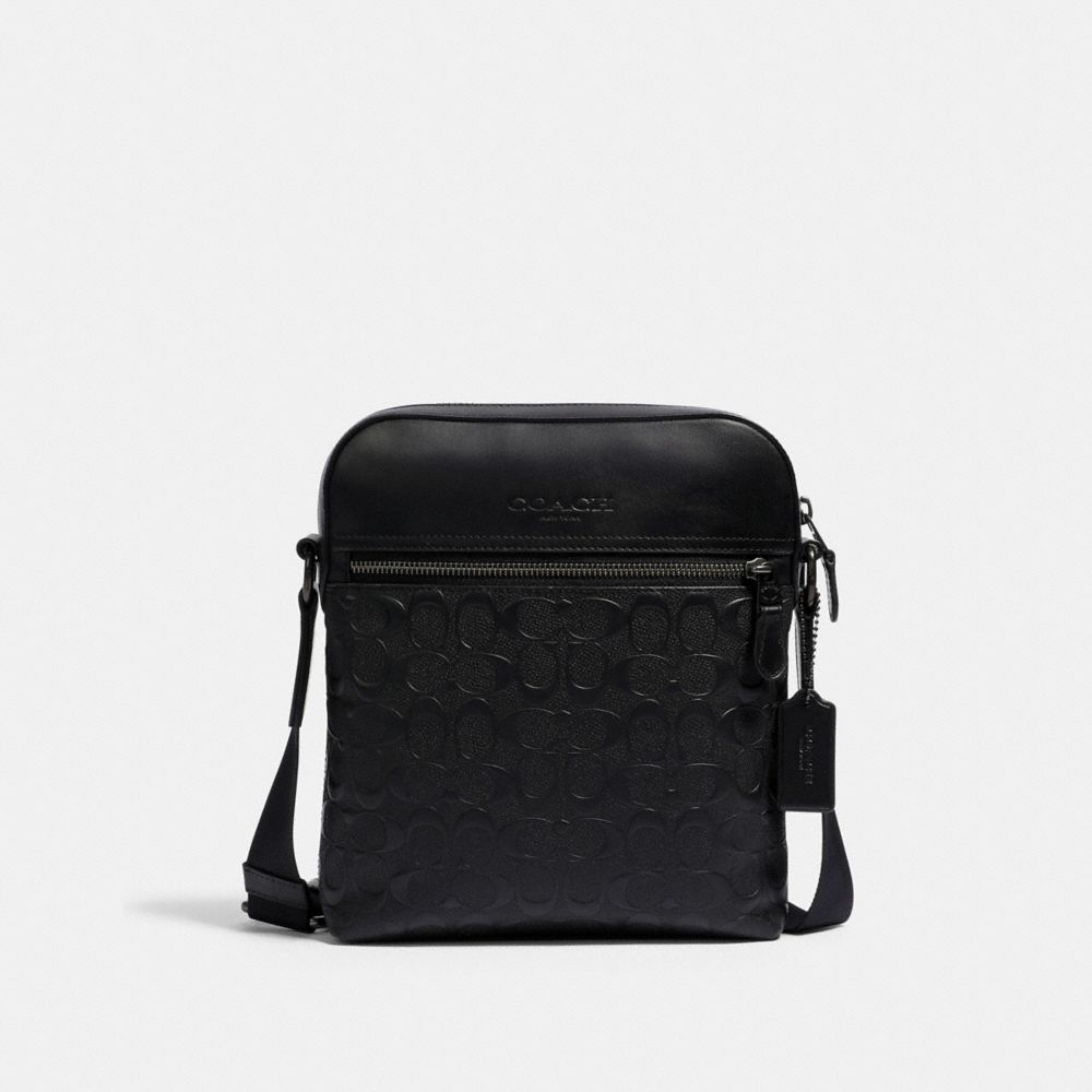 COACH®,HOUSTON FLIGHT BAG IN SIGNATURE LEATHER,Smooth Leather,Medium,Gunmetal/Black,Front View