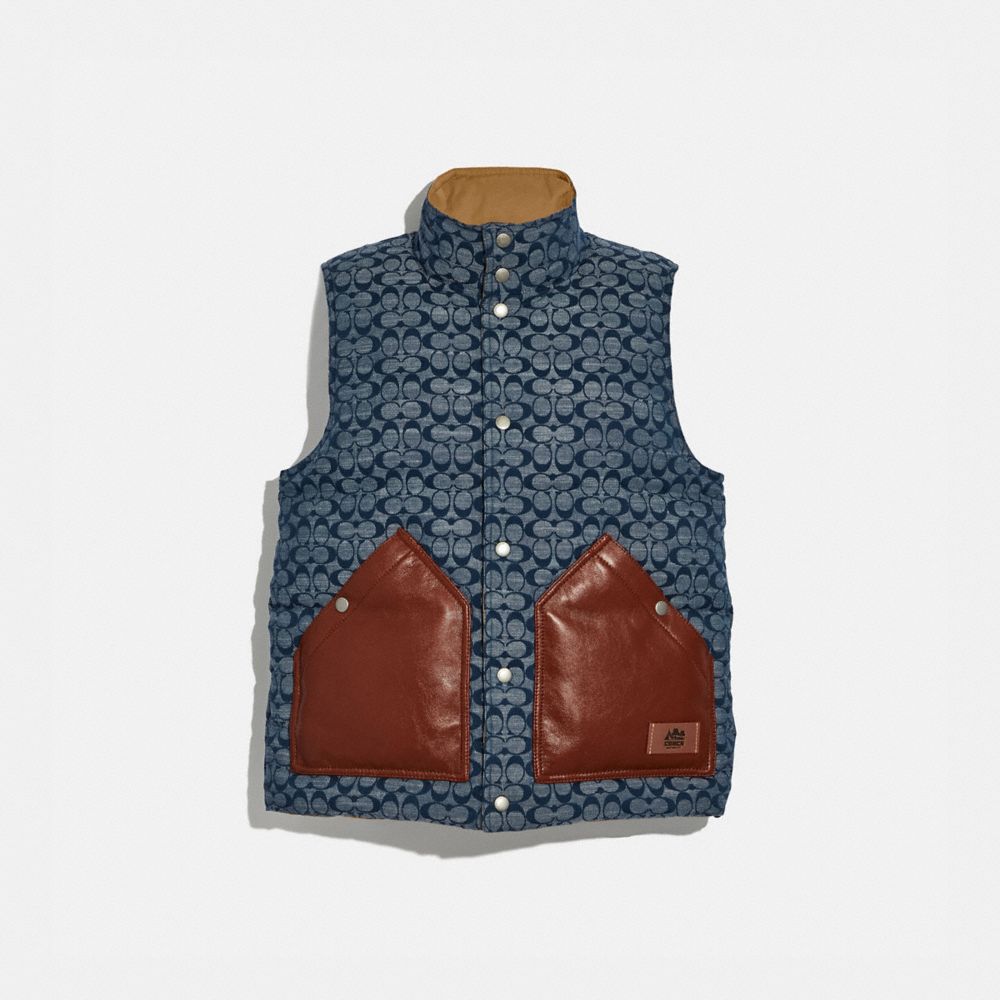 COACH®,REVERSIBLE VEST,Nylon,Chambray Signature/Khaki,Front View