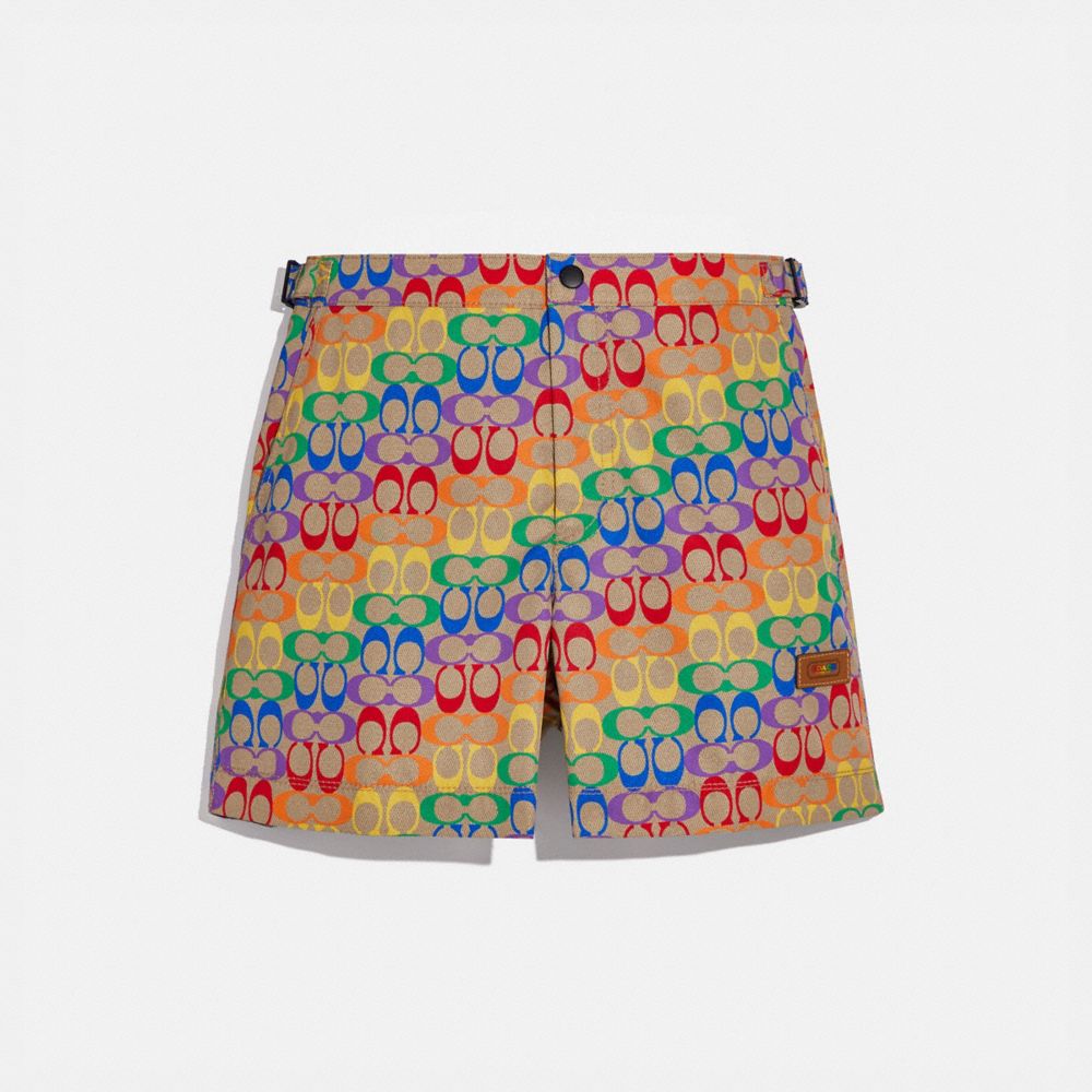 COACH®,RAINBOW SIGNATURE SWIM TRUNKS,Nylon,Rainbow Signature,Front View image number 0