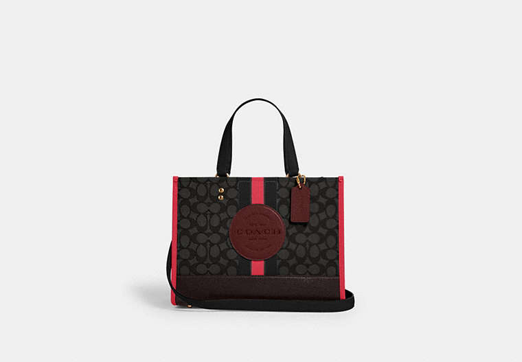 COACH®,DEMPSEY CARRYALL BAG IN SIGNATURE JACQUARD WITH STRIPE AND COACH PATCH,cotton,Medium,Gold/Black Wine Multi,Front View