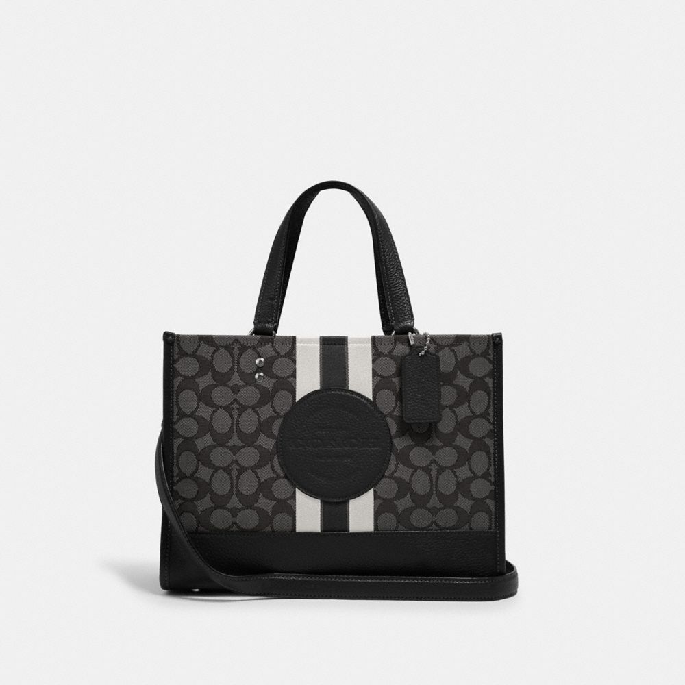 COACH®,DEMPSEY CARRYALL BAG IN SIGNATURE JACQUARD WITH STRIPE AND COACH PATCH,cotton,Medium,Silver/Black Smoke Black Multi,Front View image number 0