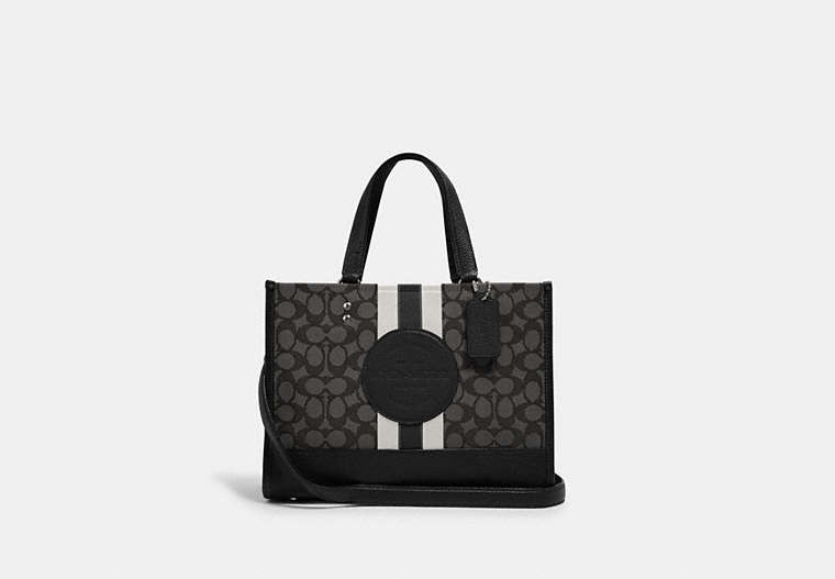 COACH®,DEMPSEY CARRYALL BAG IN SIGNATURE JACQUARD WITH STRIPE AND COACH PATCH,cotton,Medium,Silver/Black Smoke Black Multi,Front View