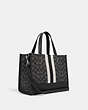 COACH®,DEMPSEY CARRYALL BAG IN SIGNATURE JACQUARD WITH STRIPE AND COACH PATCH,cotton,Medium,Silver/Black Smoke Black Multi,Angle View