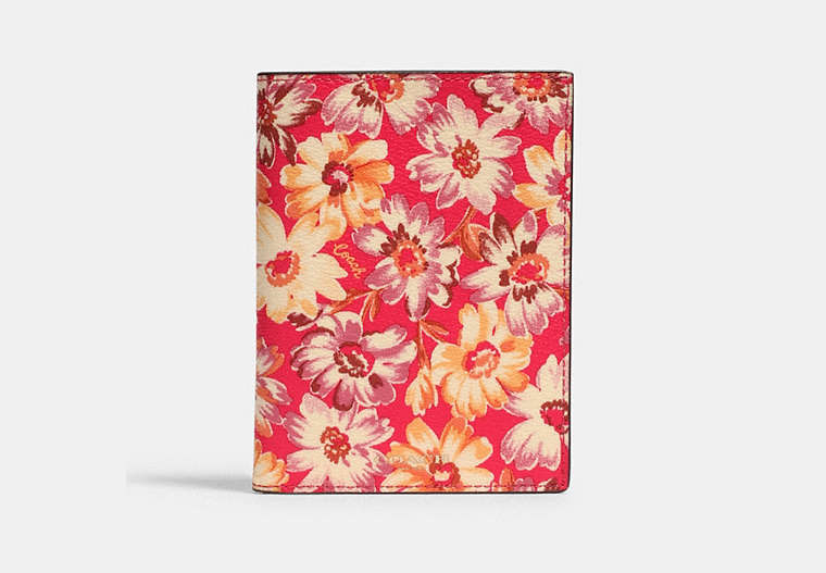 COACH®,PASSPORT CASE WITH VINTAGE DAISY SCRIPT PRINT,Gold/Pink Multi,Front View