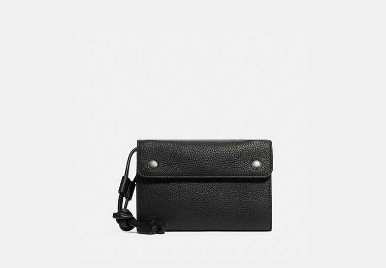COACH®,TRAVEL WALLET CROSSBODY,Pebble Leather/Smooth Leather,Black,Front View