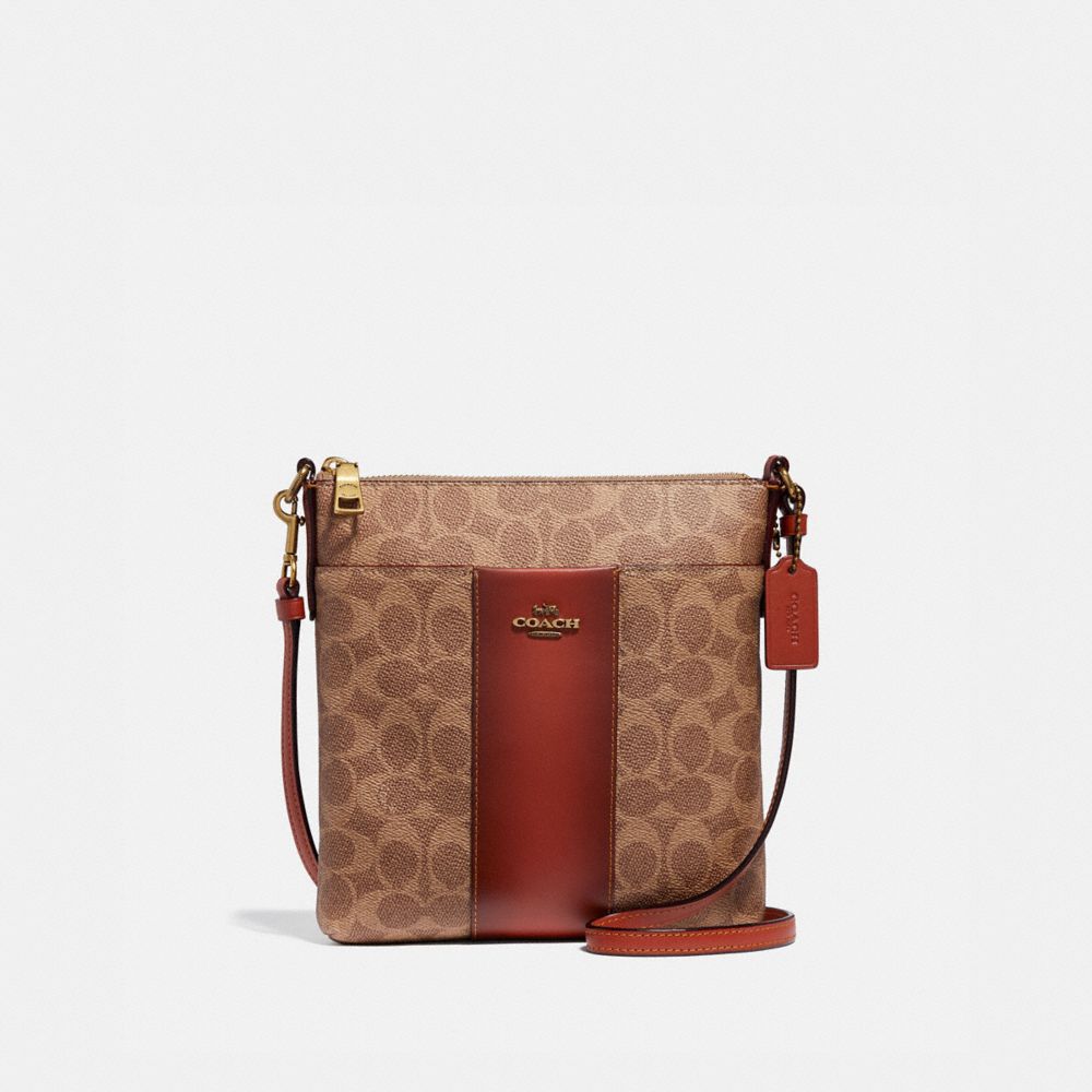 COACH®,KITT MESSENGER CROSSBODY IN COLORBLOCK SIGNATURE CANVAS,Signature Coated Canvas,Mini,Brass/Tan/Rust,Front View