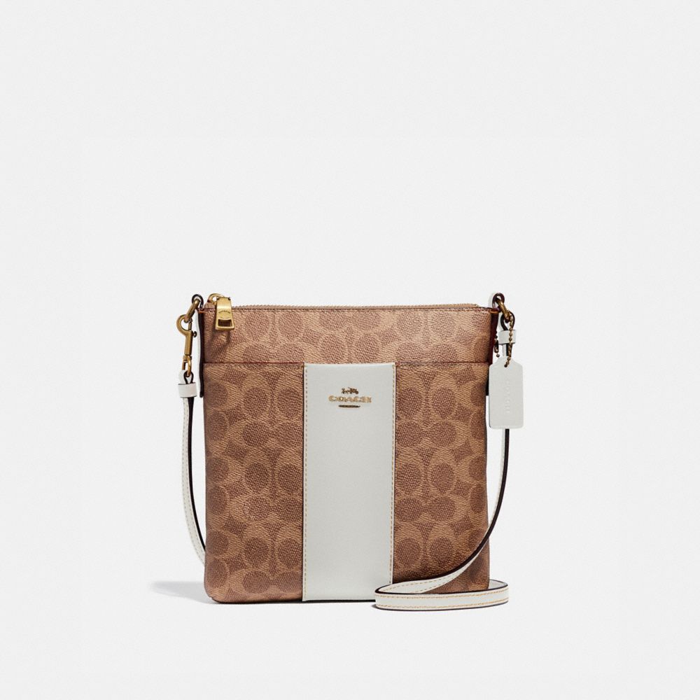 COACH®,KITT MESSENGER CROSSBODY IN COLORBLOCK SIGNATURE CANVAS,Signature Coated Canvas,Mini,Brass/Tan/Chalk,Front View