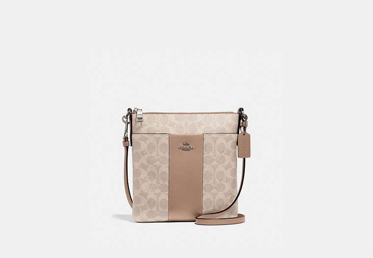 COACH®,KITT MESSENGER CROSSBODY IN COLORBLOCK SIGNATURE CANVAS,Signature Coated Canvas,Mini,Light Antique Nickel/Sand Taupe,Front View