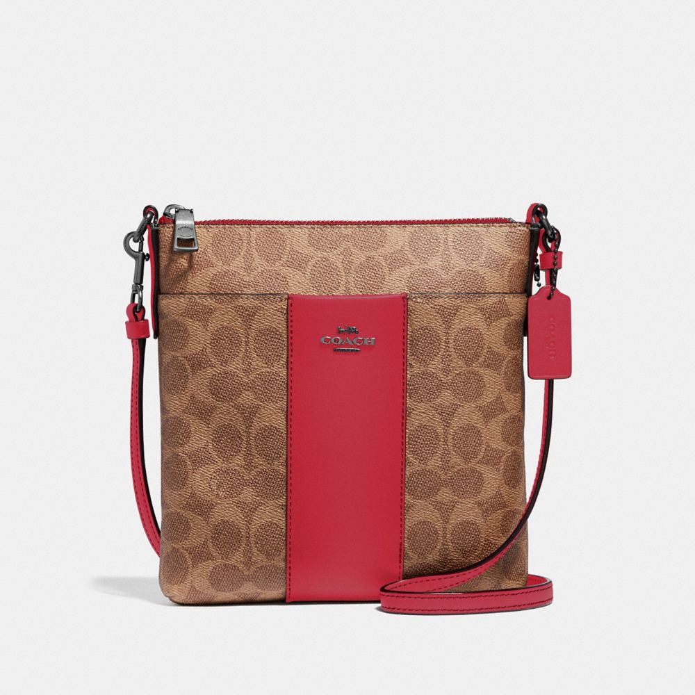 COACH®,KITT MESSENGER CROSSBODY IN COLORBLOCK SIGNATURE CANVAS,Signature Coated Canvas,Mini,Pewter/Tan Red Apple,Front View