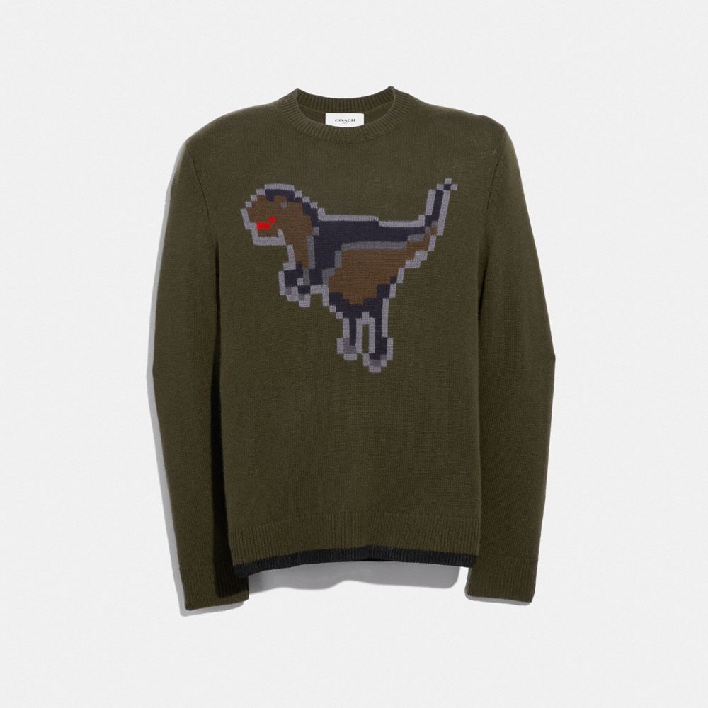 COACH®,PIXEL REXY INTARSIA SWEATER,n/a,Olive,Front View