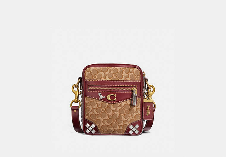 COACH®,MAX CROSSBODY 18 IN SIGNATURE JACQUARD WITH PYRAMID RIVETS,Coated Canvas,Brass/Khaki/Scarlet,Front View