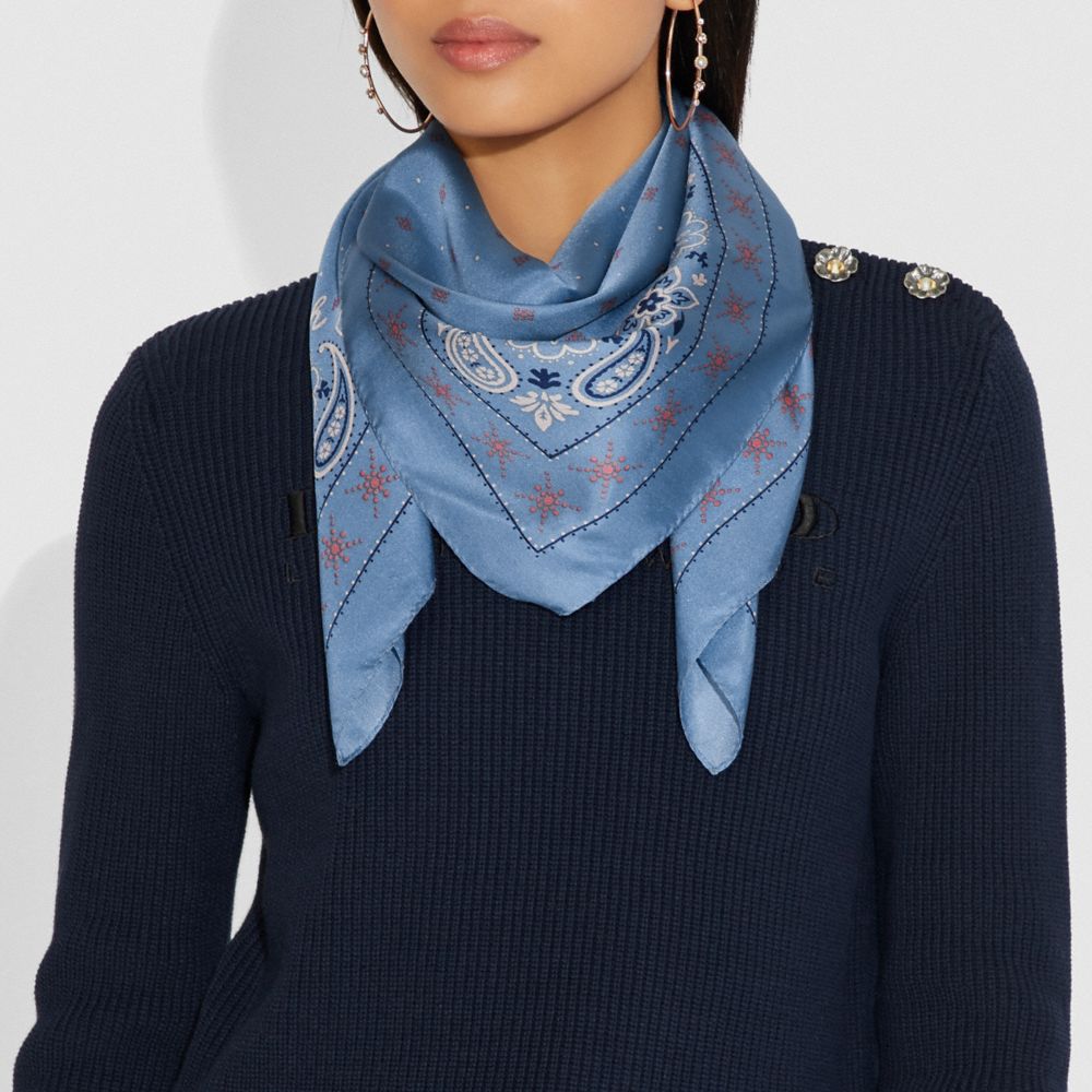 COACH®,BANDANA PRINT SILK SQUARE SCARF,Silk,Slate gray,Angle View