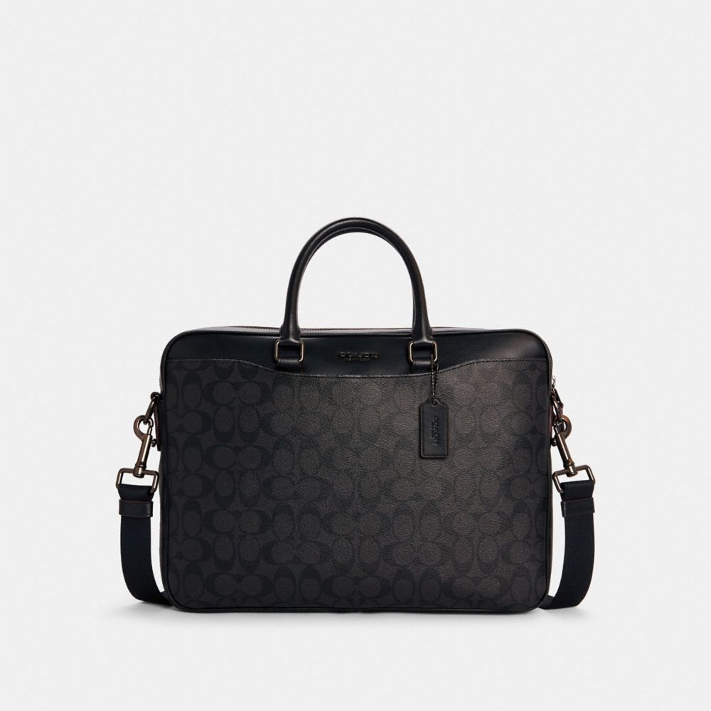 Coach, Bags, Coach Black Signature Canvas And Leather Slim Laptop Bag