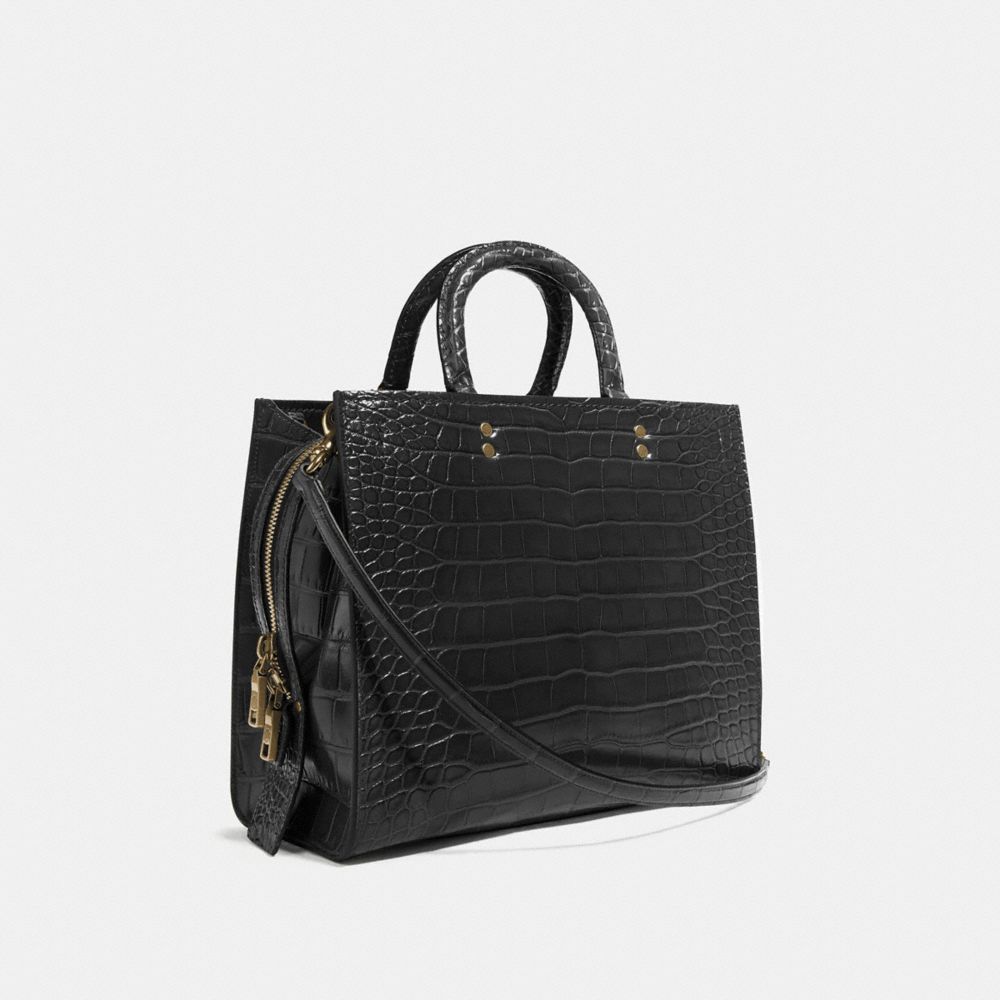 COACH®,Rogue Bag In Alligator,Leather,Satchel,Logo,Metal,Work,Black,Angle View