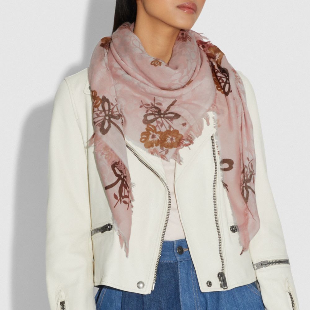 COACH®,SIGNATURE PAINTED FLORAL BOW PRINT OVERSIZED SQUARE SCARF,Silk,Blossom,Angle View