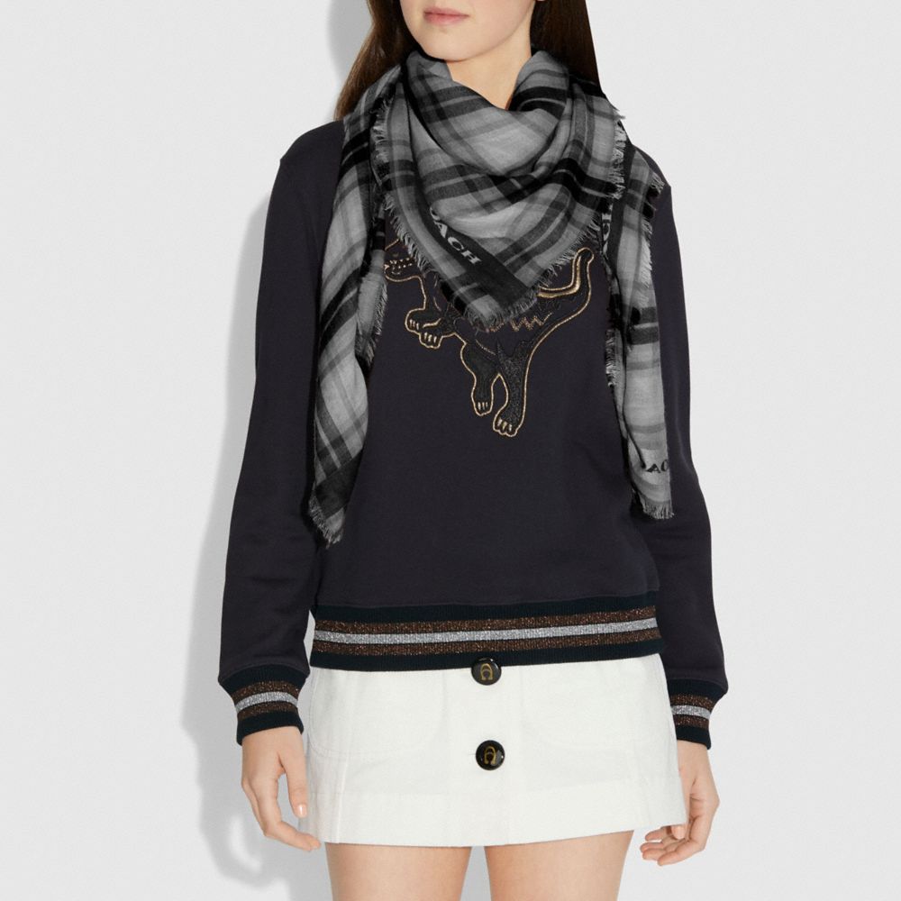 COACH®,Lightweight Plaid Print Oversized Square Scarf,,Angle View