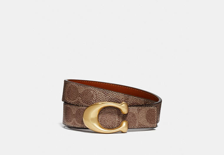 COACH®,C HARDWARE REVERSIBLE BELT, 25MM,pvc,Brass/Tan/Rust,Front View image number 0