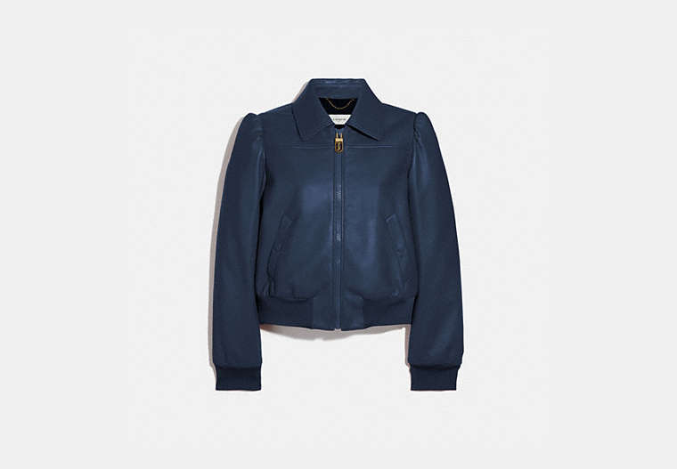 COACH®,LEATHER BLOUSON JACKET,Leather,BRIGHT NAVY,Front View image number 0