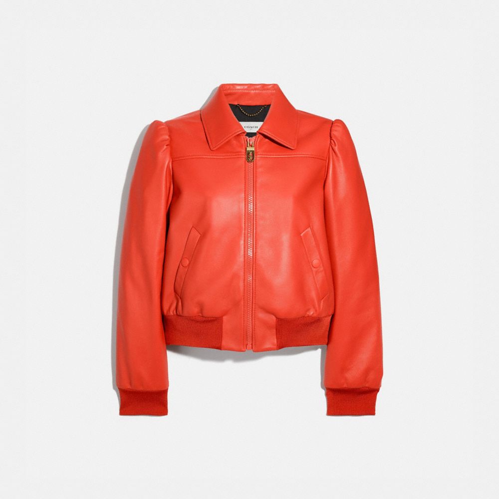 COACH®,LEATHER BLOUSON JACKET,Leather,ORANGE,Front View image number 0