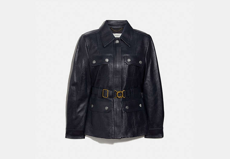 COACH®,LEATHER BELTED HERITAGE JACKET,Leather,Academy Blue,Front View image number 0