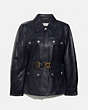 COACH®,LEATHER BELTED HERITAGE JACKET,Leather,Academy Blue,Front View