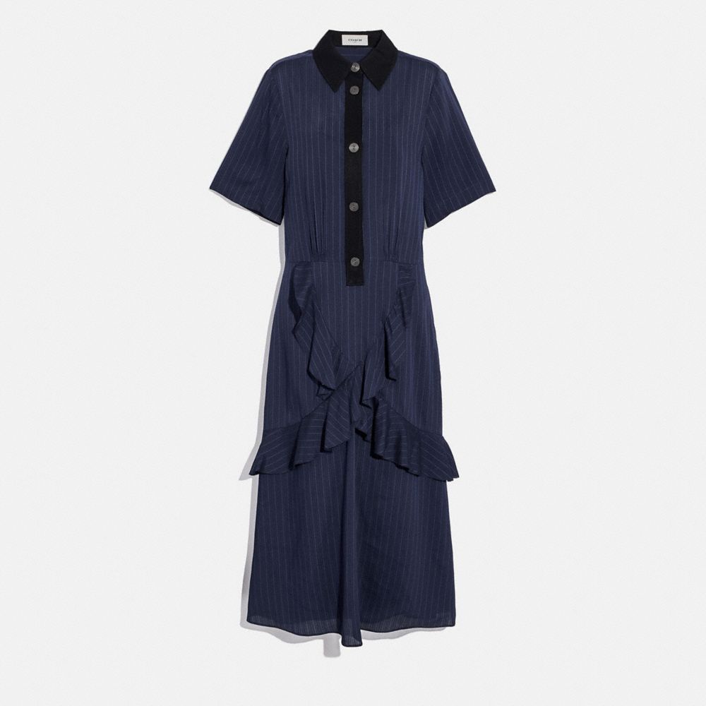 COACH®,ROBE CHEMISE À VOLANTS ET RAYURES,coton,BLEU MARINE,Front View