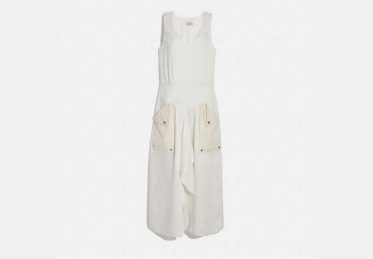 COACH®,SILK STRIPE LONG DRESS WITH SNAP POCKETS,cotton,Cream,Front View