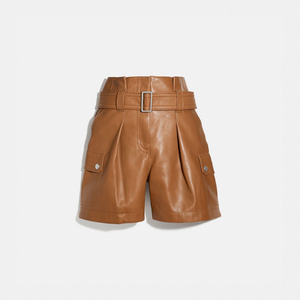 Belted Faux Leather Shorts-Olive - ShopperBoard