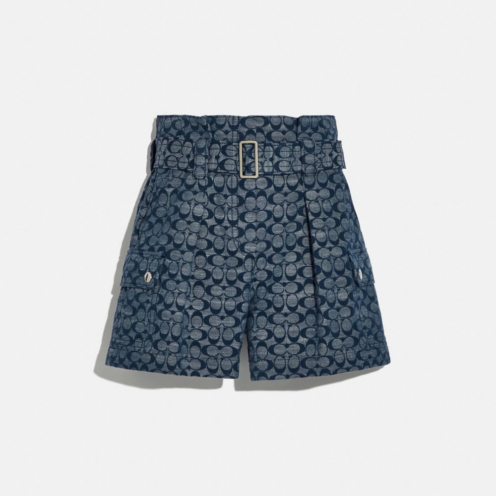 COACH®,SIGNATURE BELTED SHORTS,Denim,CHAMBRAY,Front View