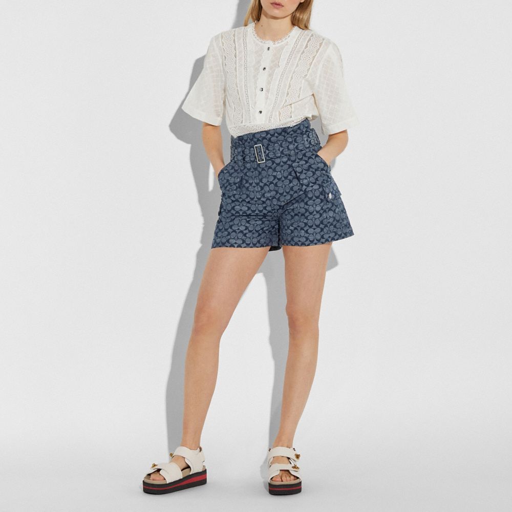 COACH®,SIGNATURE BELTED SHORTS,Denim,CHAMBRAY,Scale View