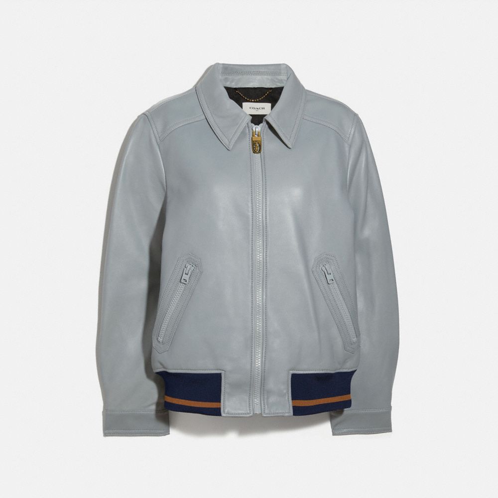 BLUE Leather Blouson Jacket With Rib