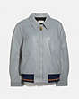 COACH®,LEATHER BLOUSON JACKET WITH RIB,Leather,BLUE,Front View